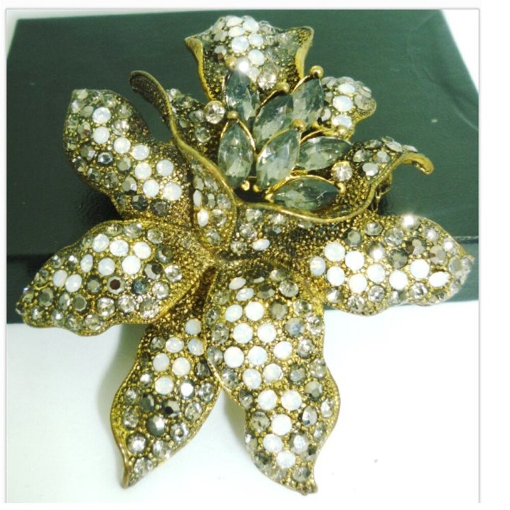STUNNING VINTAGE ANTIQUE RHINESTONES ORCHID FLOWER BROOCH PIN PENDANT HEAVY